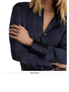 Reiss Navy Silk Button-Front Blouse